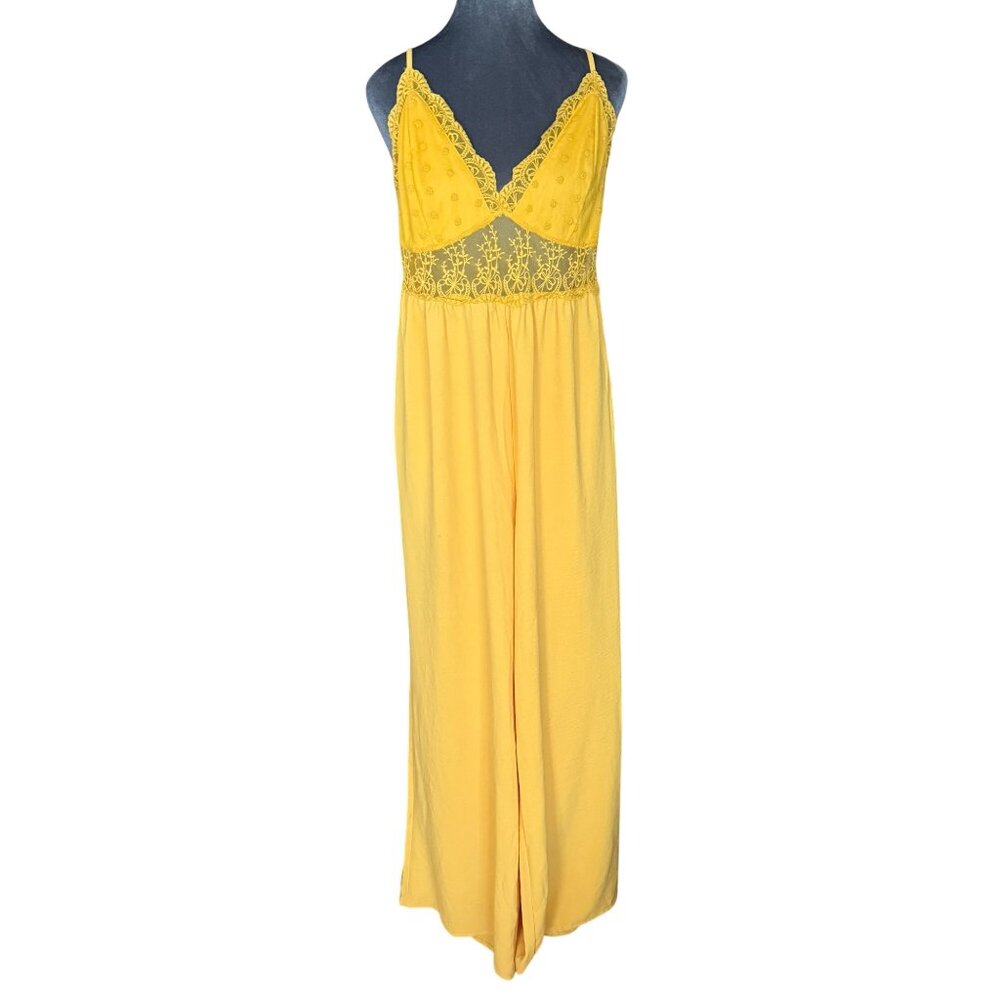 Yellow Lace Overlay Spaghetti Strap Jumpsuit With Tie Back And Sheer Waist Detai